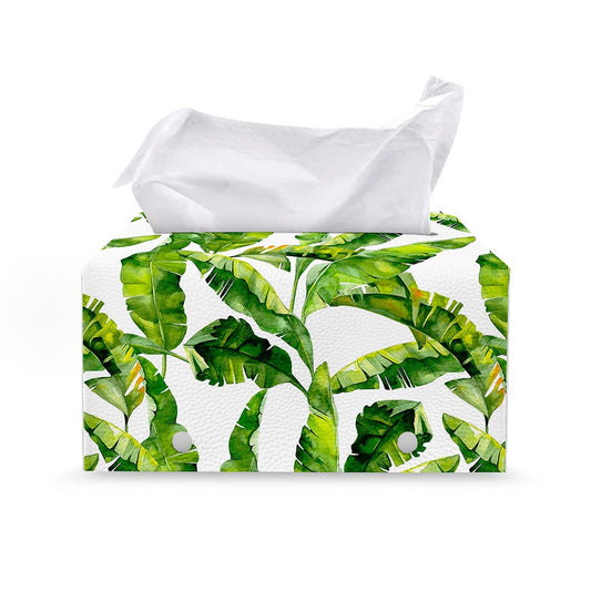 Tropical Banana Leaves Pattern Print Leather Tissue Box Cover