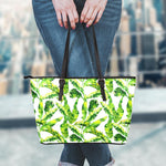 Tropical Banana Leaves Pattern Print Leather Tote Bag