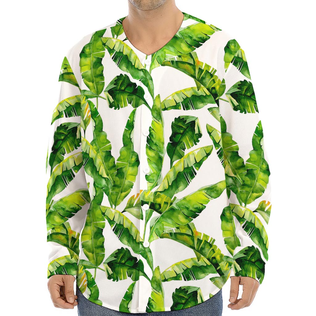 Tropical Banana Leaves Pattern Print Long Sleeve Baseball Jersey