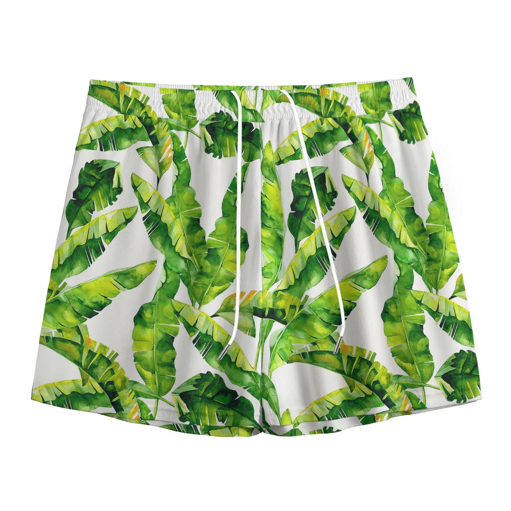 Tropical Banana Leaves Pattern Print Mesh Shorts