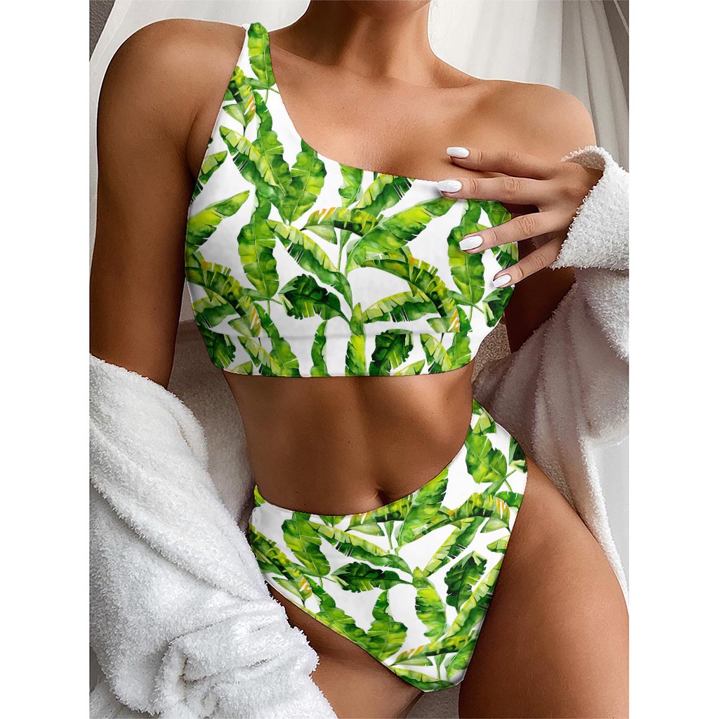 Tropical Banana Leaves Pattern Print One Shoulder Bikini Top
