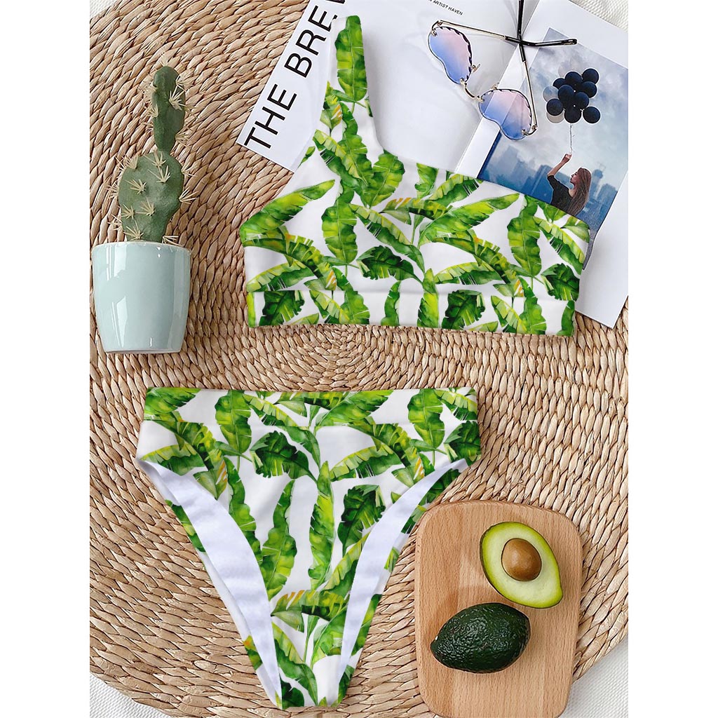 Tropical Banana Leaves Pattern Print One Shoulder Bikini Top