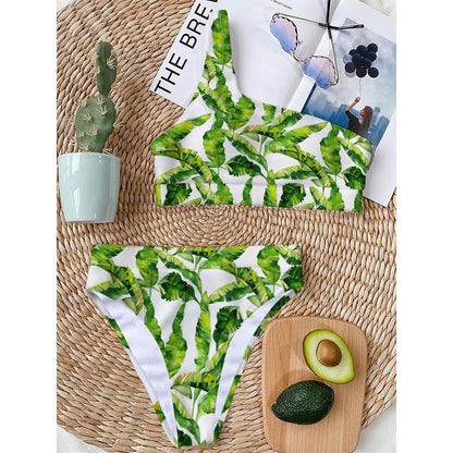 Tropical Banana Leaves Pattern Print One Shoulder Bikini Top