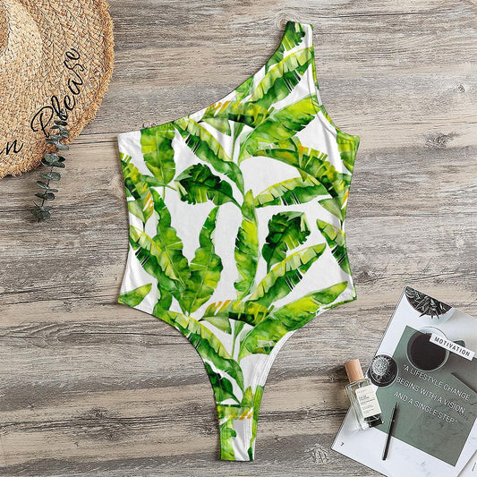Tropical Banana Leaves Pattern Print One Shoulder Bodysuit
