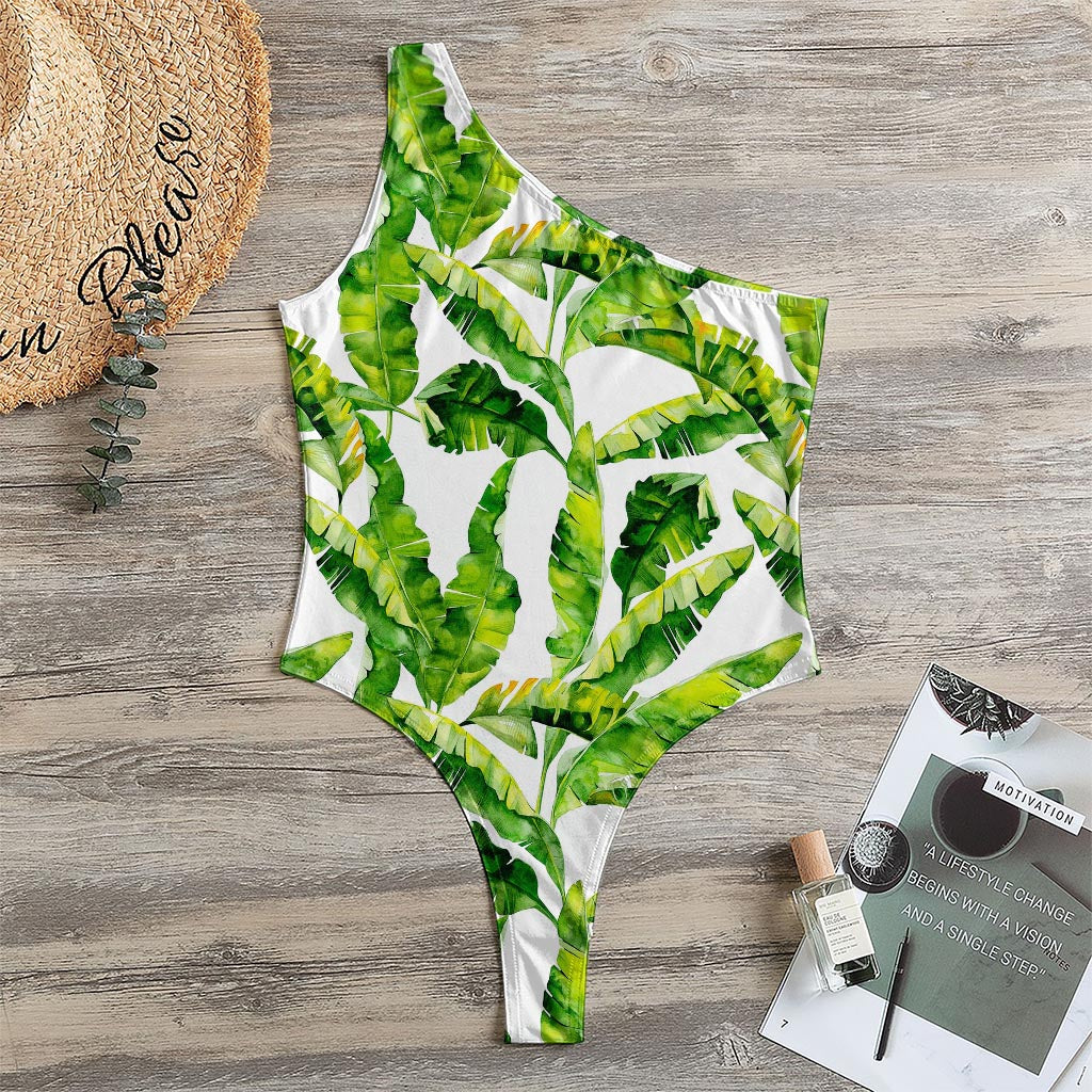 Tropical Banana Leaves Pattern Print One Shoulder Bodysuit