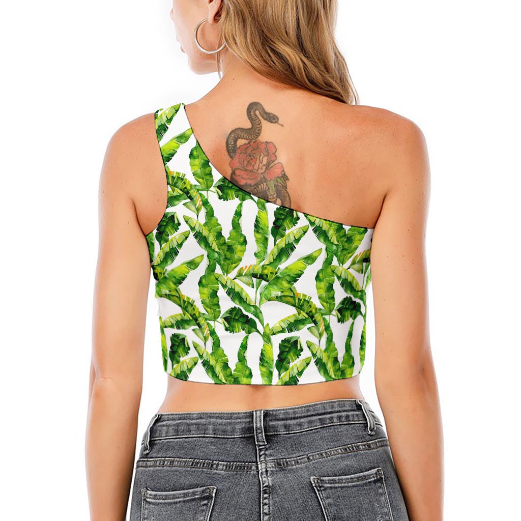 Tropical Banana Leaves Pattern Print One Shoulder Crop Top