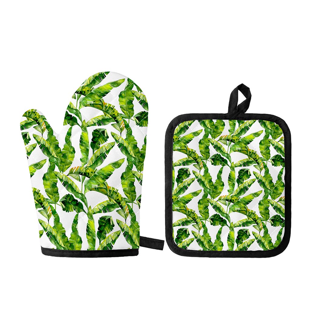 Tropical Banana Leaves Pattern Print Oven Mitt And Pot Holder Set