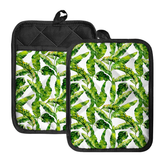 Tropical Banana Leaves Pattern Print Pot Holders With Pocket