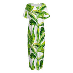 Tropical Banana Leaves Pattern Print Short Sleeve Long Nightdress