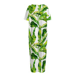 Tropical Banana Leaves Pattern Print Short Sleeve Long Nightdress