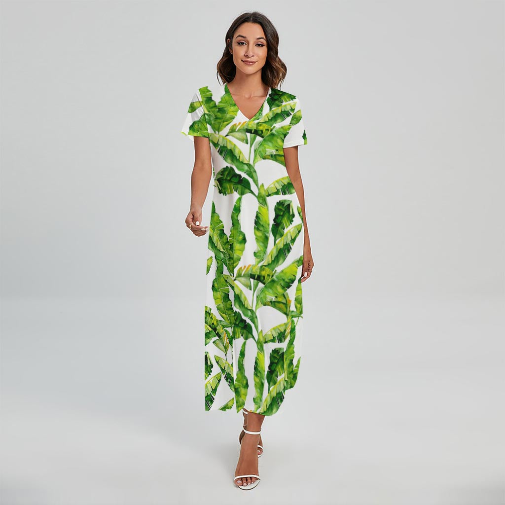 Tropical Banana Leaves Pattern Print Short Sleeve Maxi Dress
