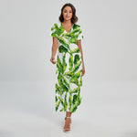 Tropical Banana Leaves Pattern Print Short Sleeve Maxi Dress