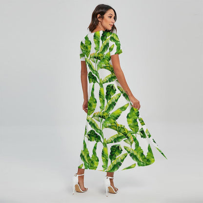 Tropical Banana Leaves Pattern Print Short Sleeve Maxi Dress