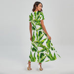 Tropical Banana Leaves Pattern Print Short Sleeve Maxi Dress