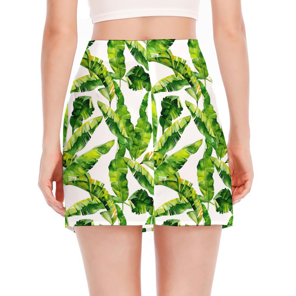 Tropical Banana Leaves Pattern Print Side Slit Mini Skirt