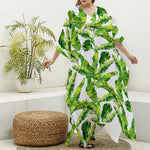 Tropical Banana Leaves Pattern Print Silk V-Neck Kaftan Dress