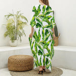 Tropical Banana Leaves Pattern Print Silk V-Neck Kaftan Dress