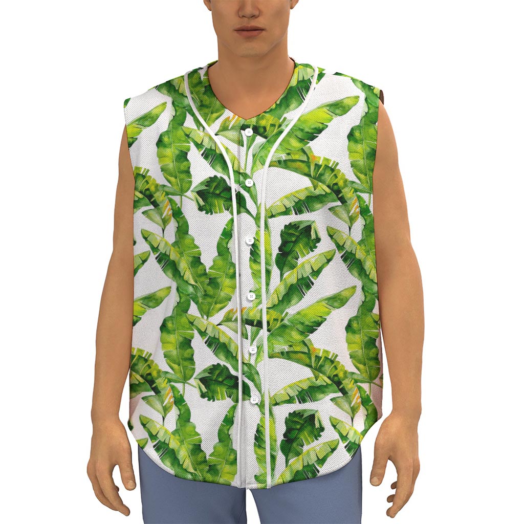 Tropical Banana Leaves Pattern Print Sleeveless Baseball Jersey