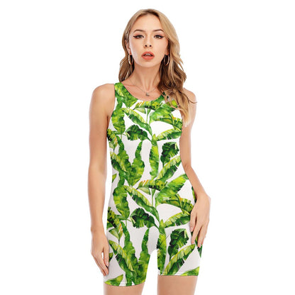 Tropical Banana Leaves Pattern Print Sleeveless One Piece Swimsuit