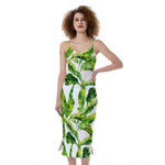 Tropical Banana Leaves Pattern Print Slim Fit Midi Cami Dress