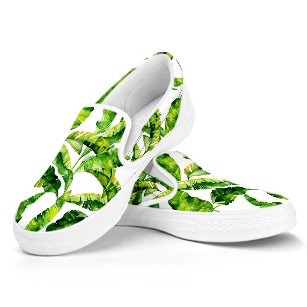 Tropical Banana Leaves Pattern Print White Slip On Sneakers