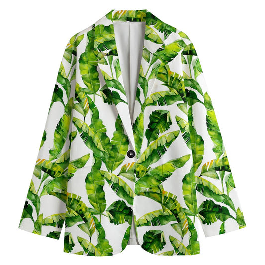 Tropical Banana Leaves Pattern Print Women's Cotton Blazer