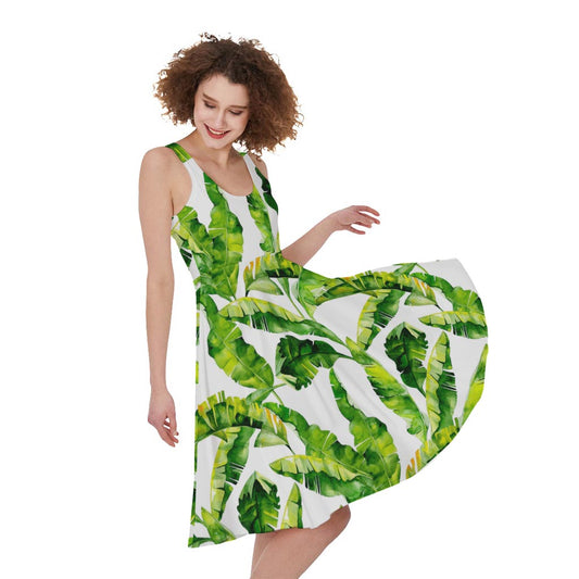 Tropical Banana Leaves Pattern Print Women's Sleeveless Dress