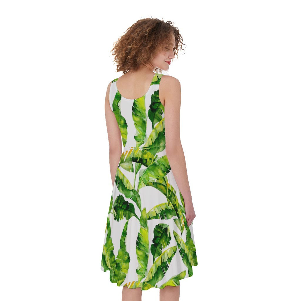 Tropical Banana Leaves Pattern Print Women's Sleeveless Dress