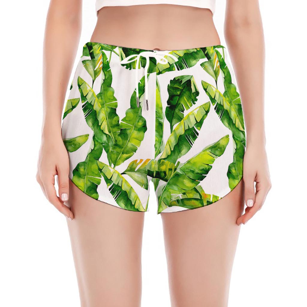 Tropical Banana Leaves Pattern Print Women's Split Running Shorts