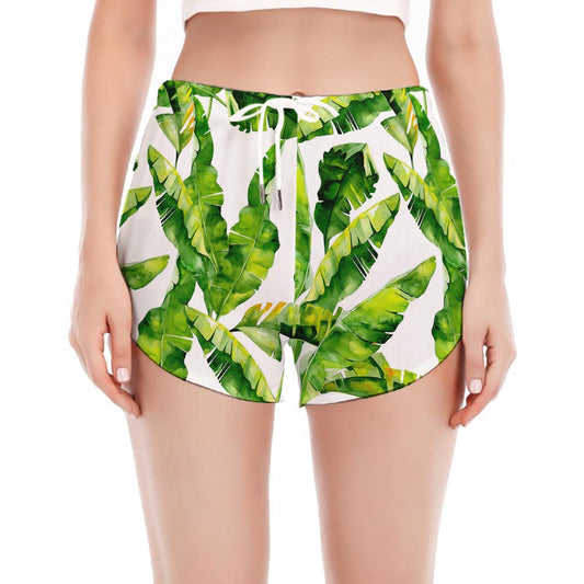 Tropical Banana Leaves Pattern Print Women's Split Running Shorts