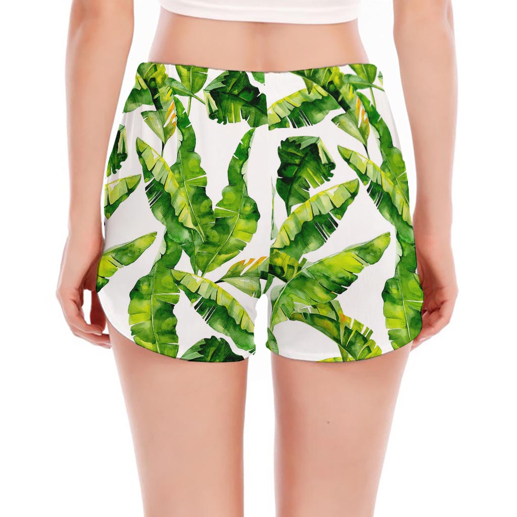 Tropical Banana Leaves Pattern Print Women's Split Running Shorts