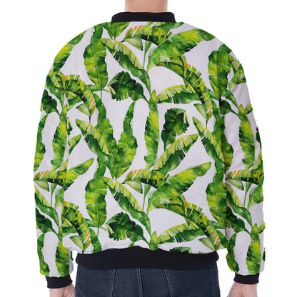 Tropical Banana Leaves Pattern Print Zip Sleeve Bomber Jacket