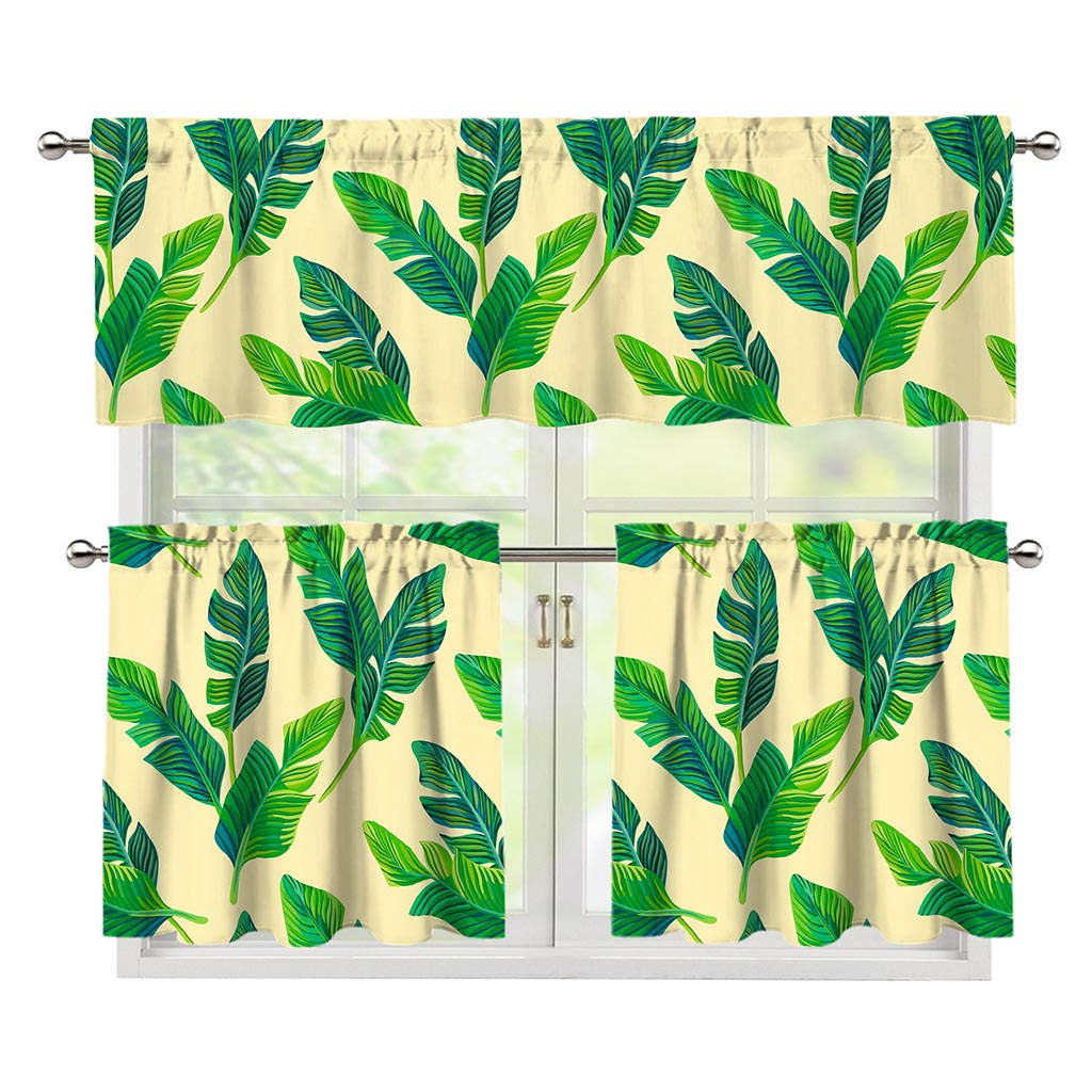 Tropical Banana Palm Leaf Pattern Print 3 Piece Kitchen Curtains