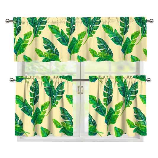 Tropical Banana Palm Leaf Pattern Print 3 Piece Kitchen Curtains