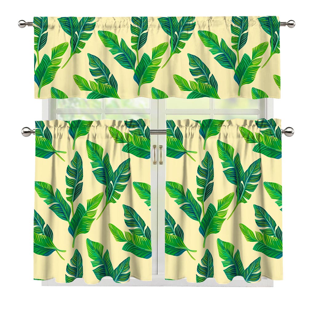 Tropical Banana Palm Leaf Pattern Print 3 Piece Kitchen Curtains