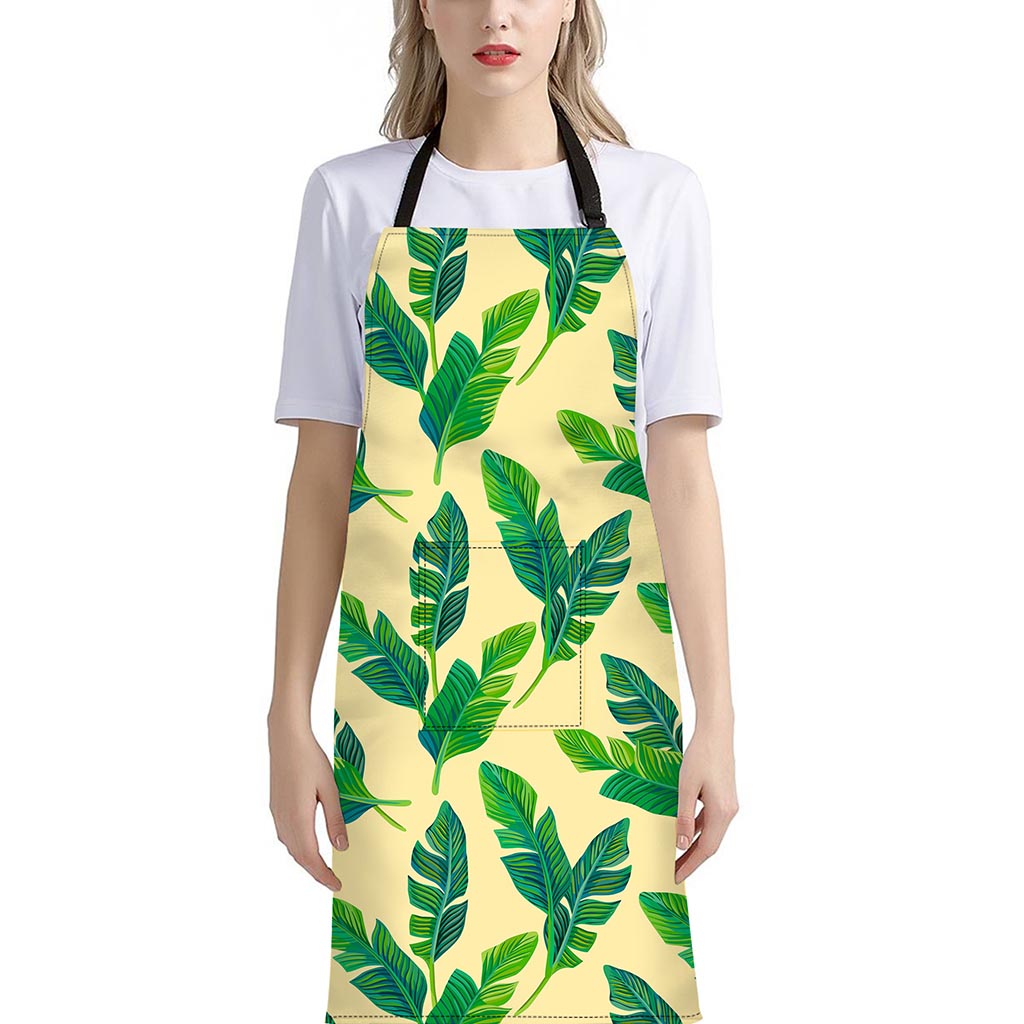 Tropical Banana Palm Leaf Pattern Print Bib Apron With Pocket
