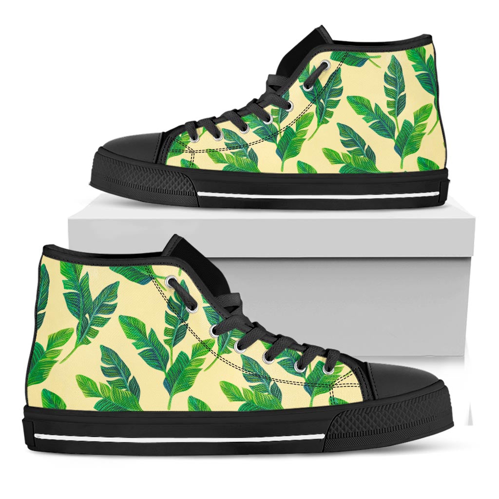 Tropical Banana Palm Leaf Pattern Print Black High Top Sneakers