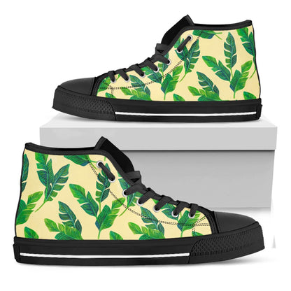 Tropical Banana Palm Leaf Pattern Print Black High Top Sneakers