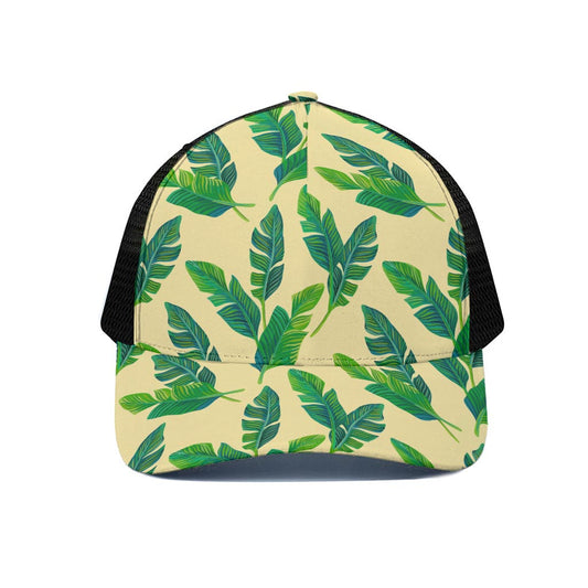 Tropical Banana Palm Leaf Pattern Print Black Mesh Trucker Cap