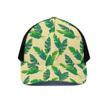 Tropical Banana Palm Leaf Pattern Print Black Mesh Trucker Cap