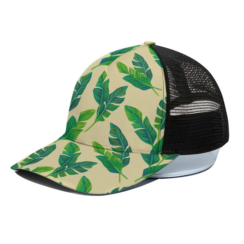 Tropical Banana Palm Leaf Pattern Print Black Mesh Trucker Cap
