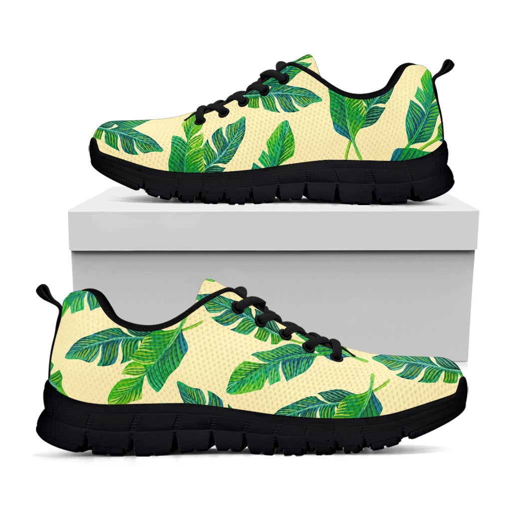 Tropical Banana Palm Leaf Pattern Print Black Running Shoes