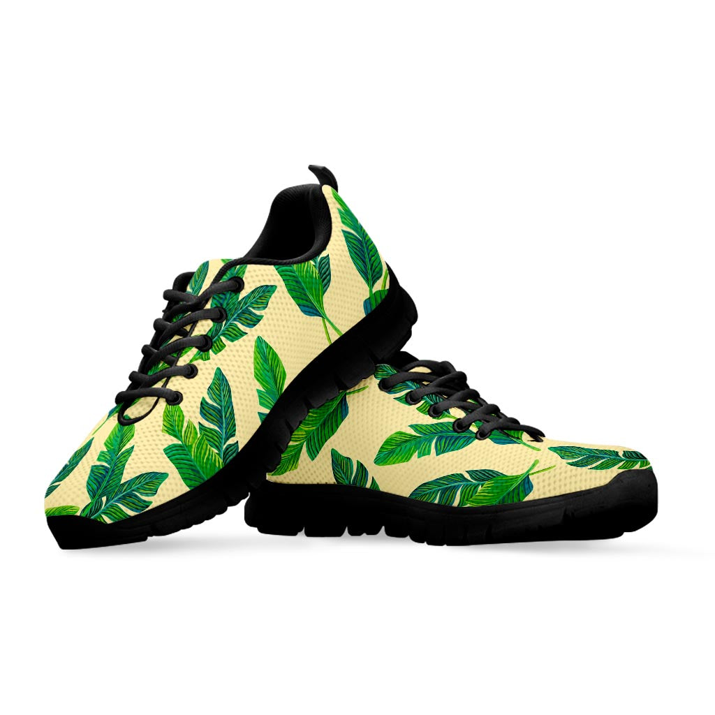 Tropical Banana Palm Leaf Pattern Print Black Running Shoes
