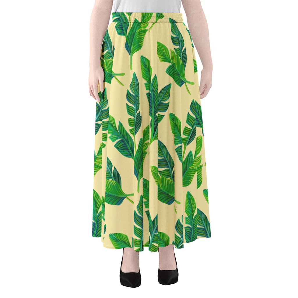 Tropical Banana Palm Leaf Pattern Print Chiffon Maxi Skirt