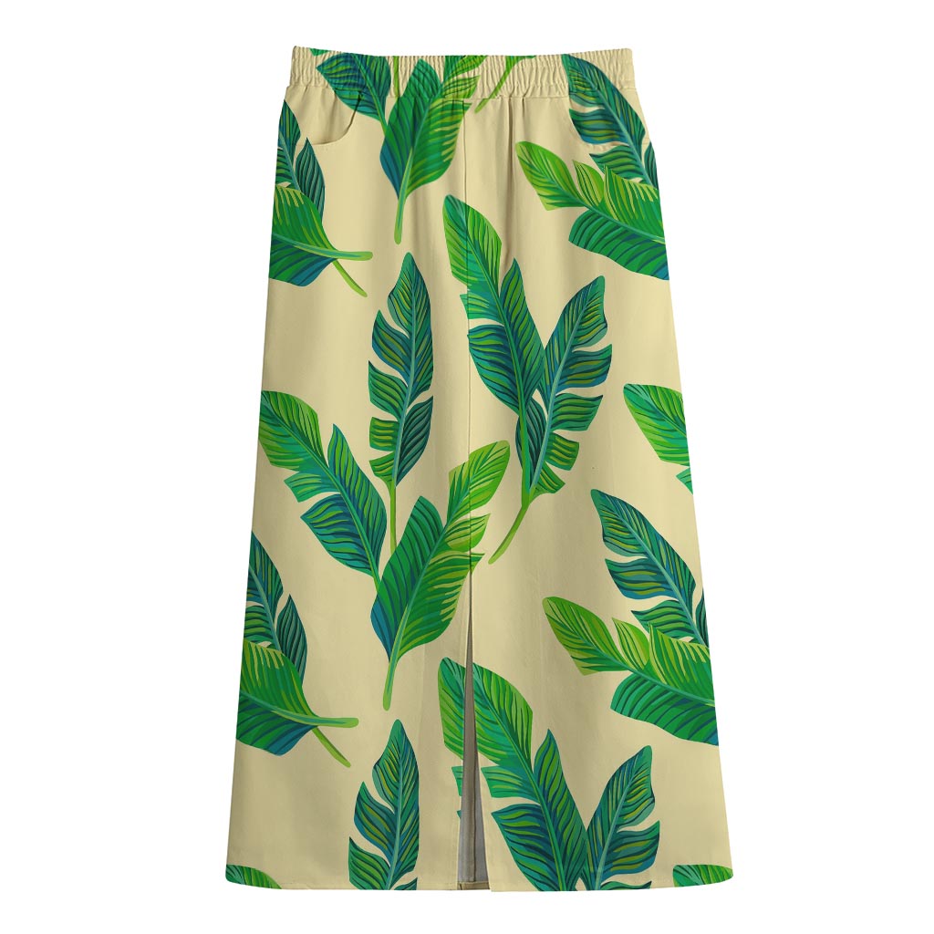 Tropical Banana Palm Leaf Pattern Print Cotton Front Slit Maxi Skirt