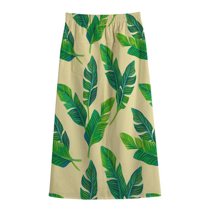 Tropical Banana Palm Leaf Pattern Print Cotton Front Slit Maxi Skirt