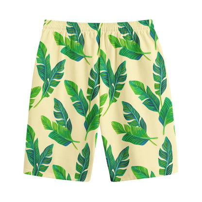 Tropical Banana Palm Leaf Pattern Print Cotton Shorts