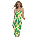 Tropical Banana Palm Leaf Pattern Print Cross Back Cami Dress