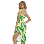 Tropical Banana Palm Leaf Pattern Print Cross Back Cami Dress