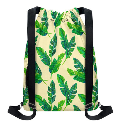 Tropical Banana Palm Leaf Pattern Print Drawstring Backpack